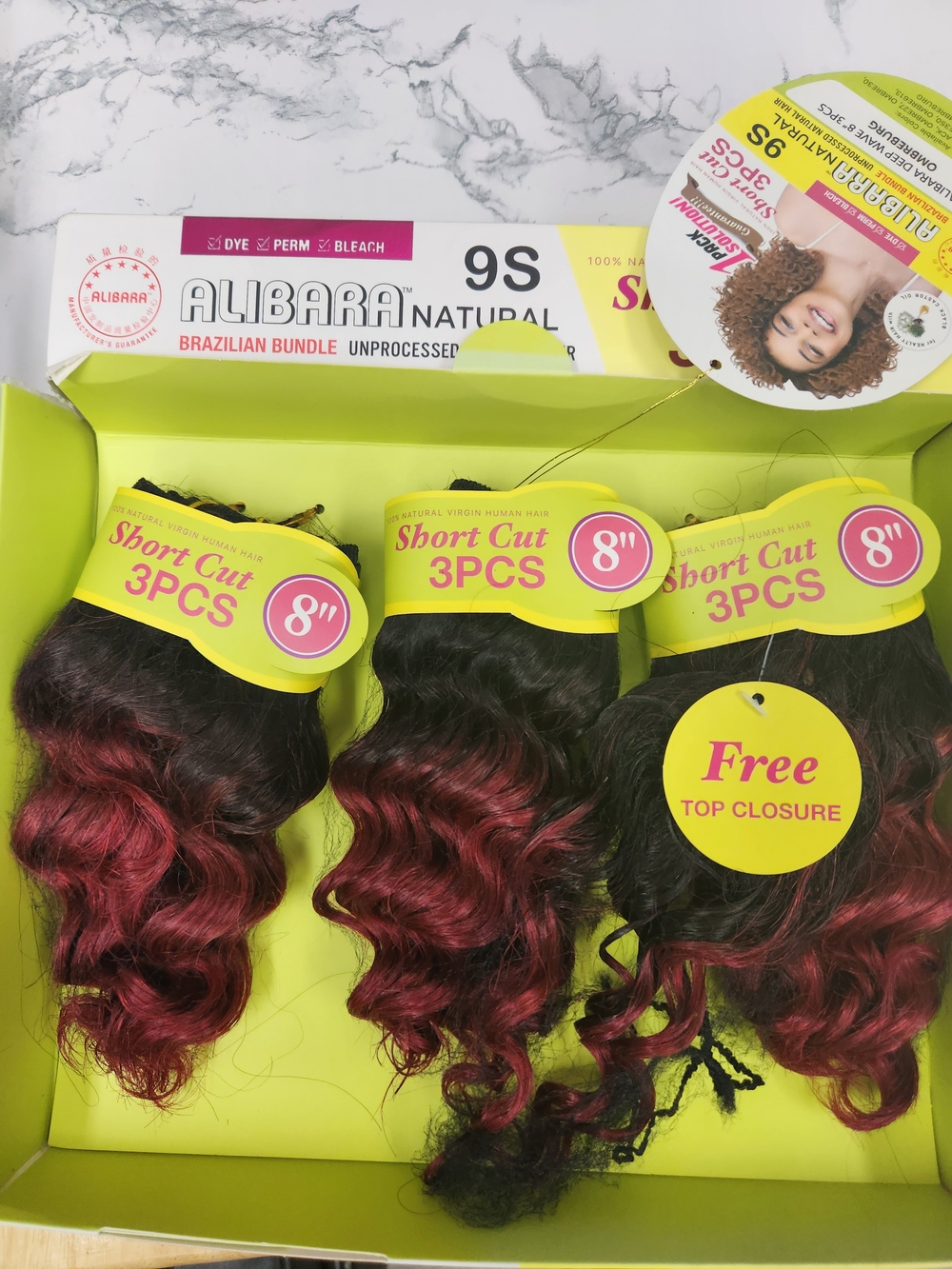 9S Short Cut 8" 3PCS Brazilian Bundle - Black to Burgundy Ombre